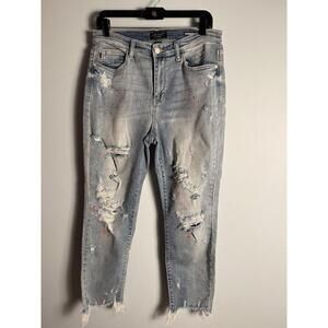 Judy Blue Jeans Boyfriend High Rise Destroyed Confetti Paint Splatter 9/29